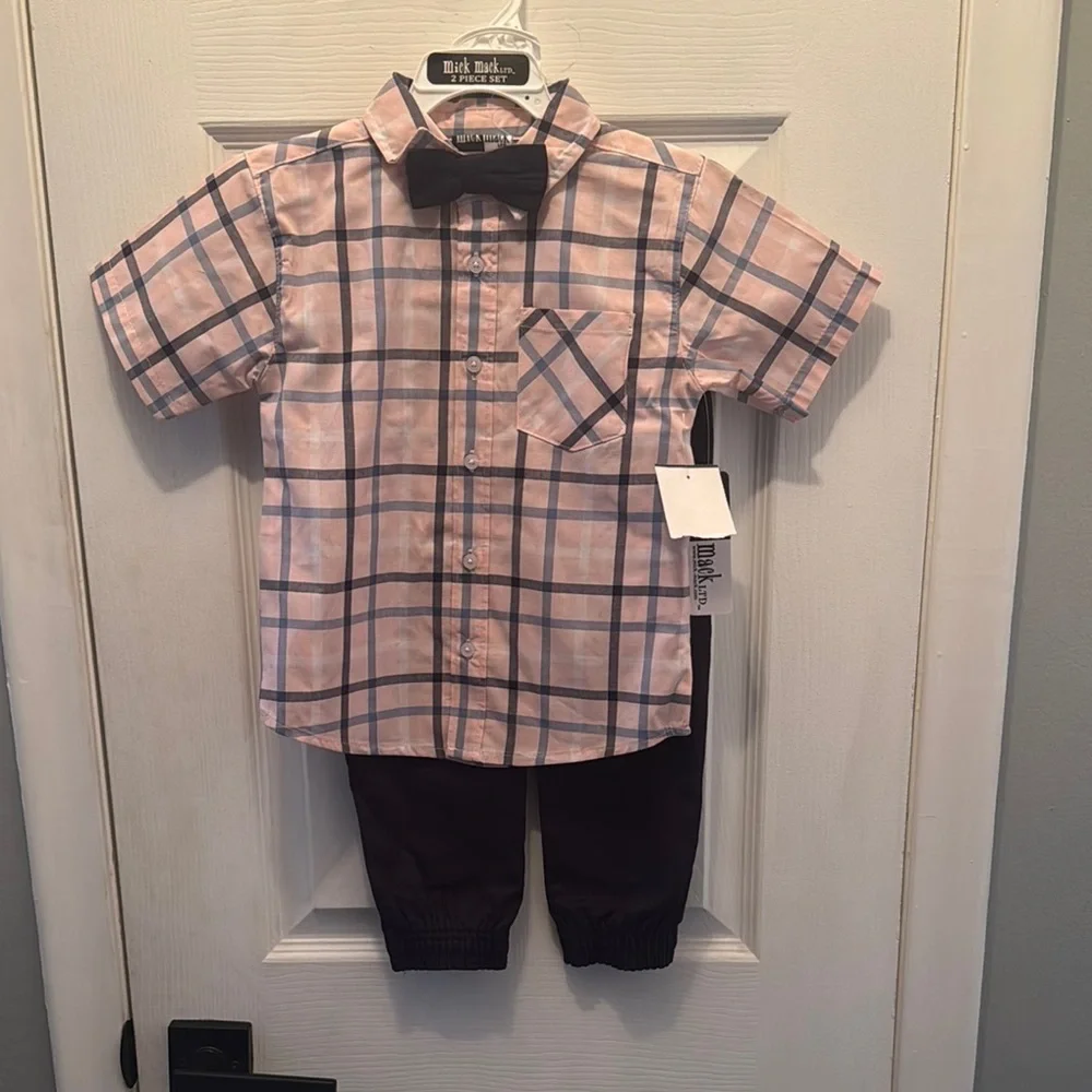 Plaid Shirt and Pants Set with Bow Tie